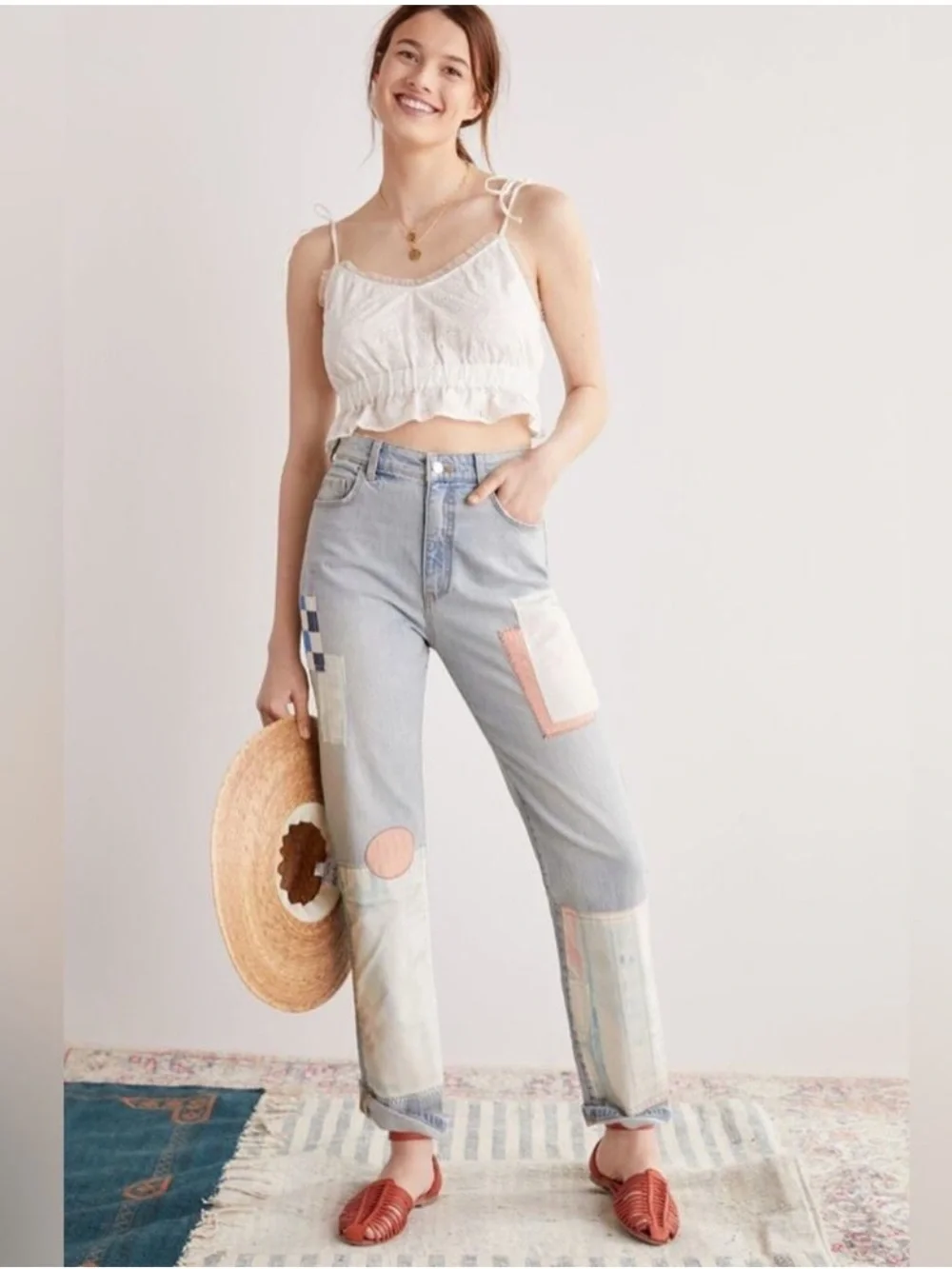 Pilcro The Borrowed Boyfriend Patchwork Straight Leg High Rise Cotton Jeans 29